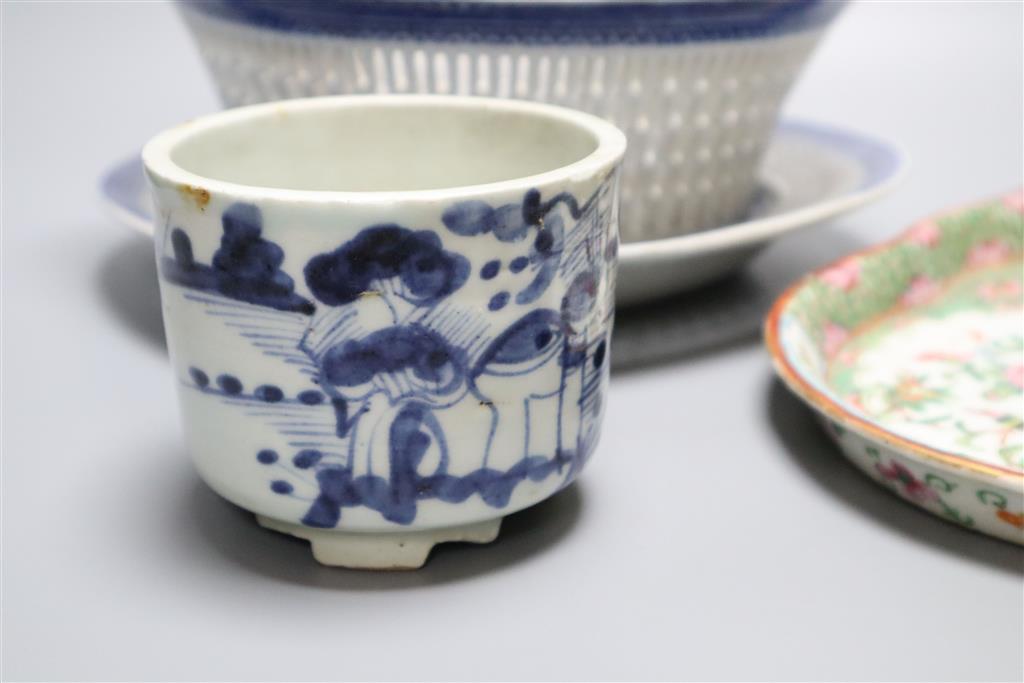 An 18th century Chinese export blue and white basket (cracked) and stand and a Cantonese dish
